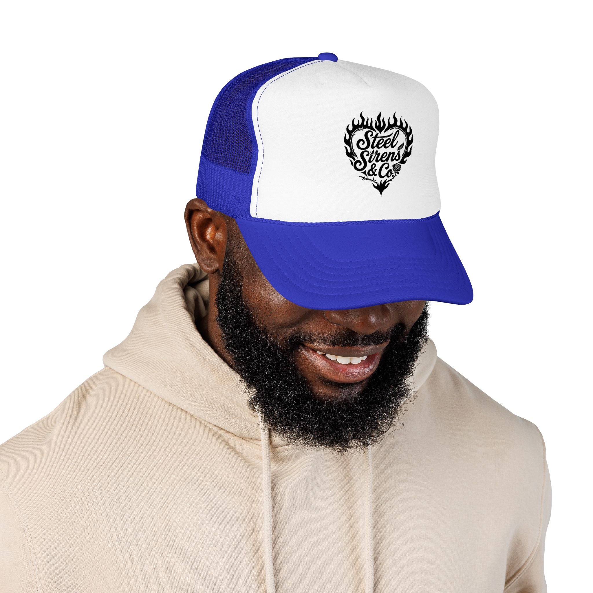 Flaming Heart Trucker Hat — "Steel Sirens & Co" Retro Logo Foam Cap