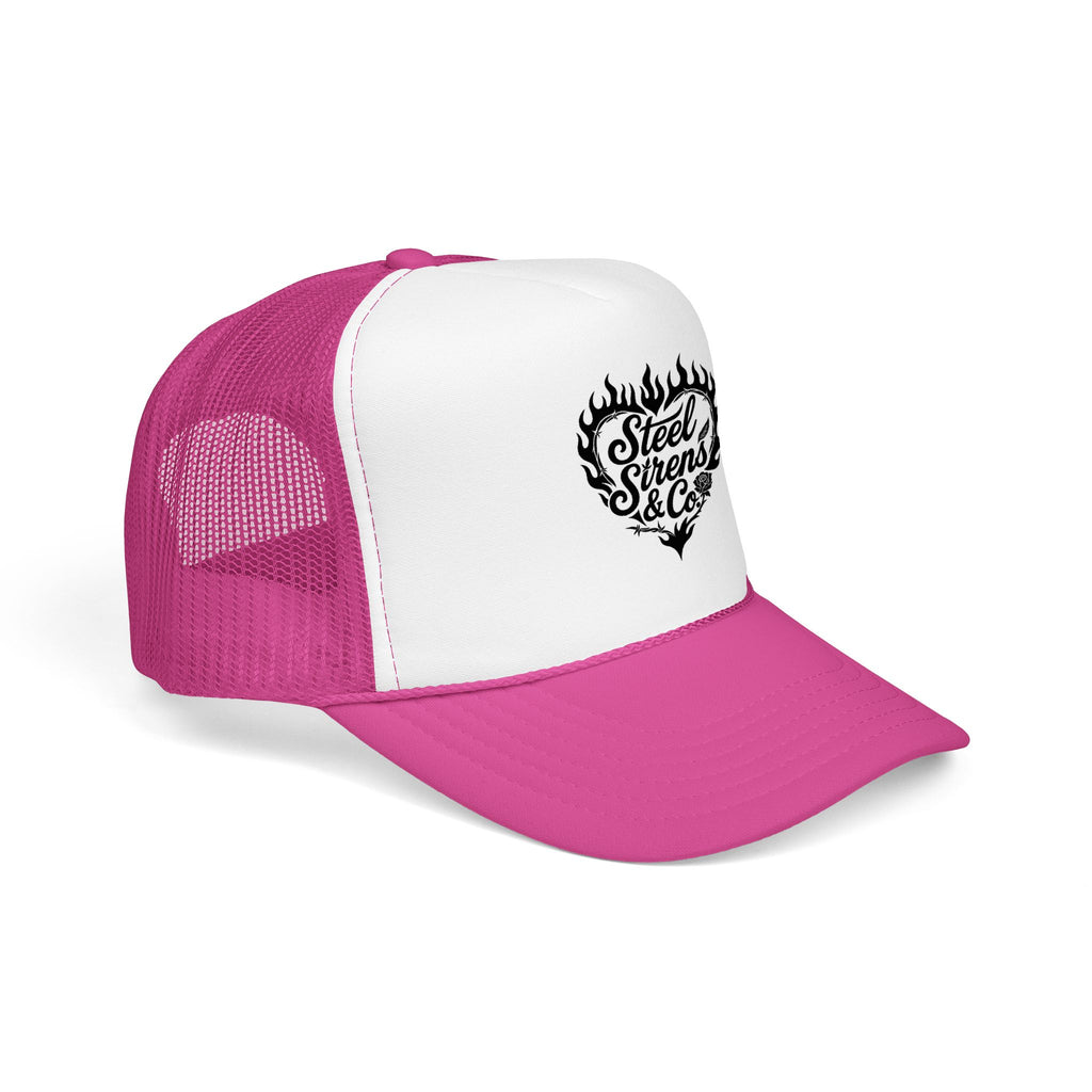Flaming Heart Trucker Hat — "Steel Sirens & Co" Retro Logo Foam Cap