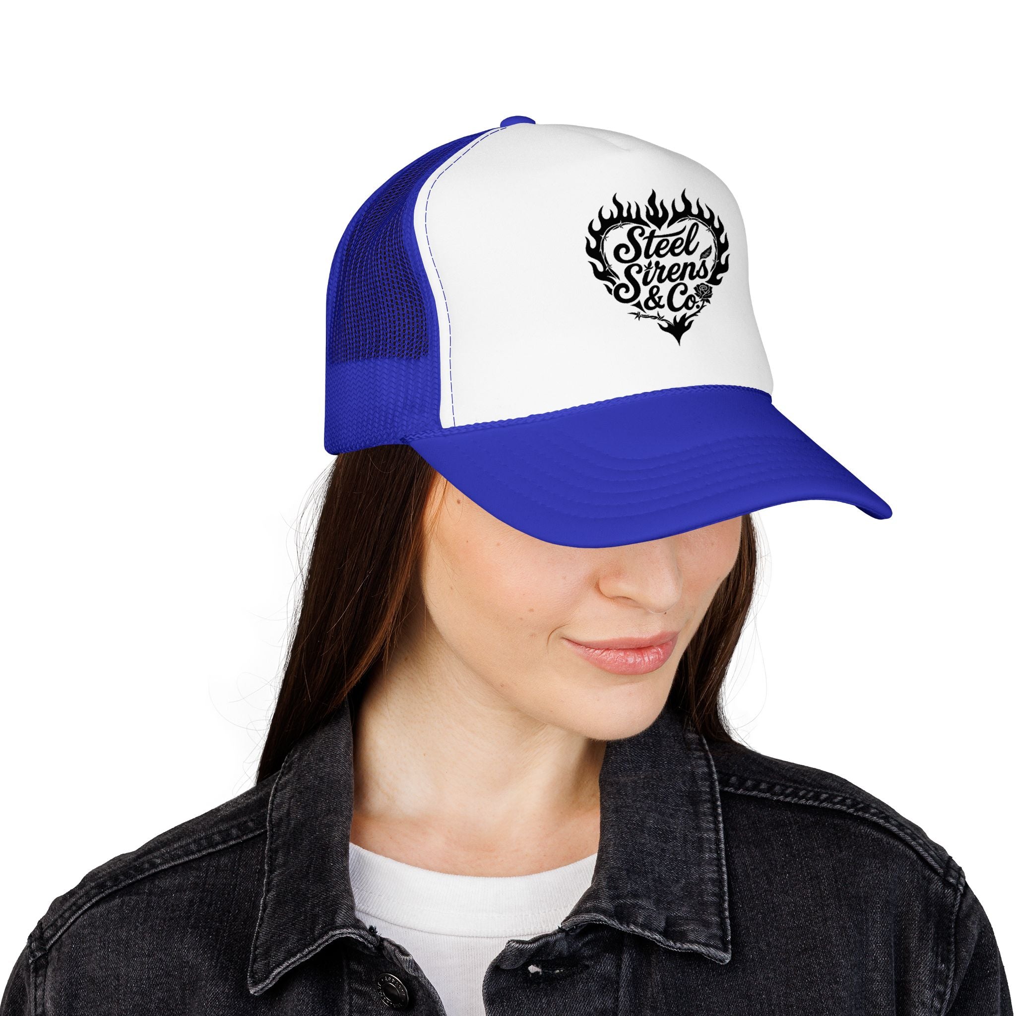 Flaming Heart Trucker Hat — "Steel Sirens & Co" Retro Logo Foam Cap