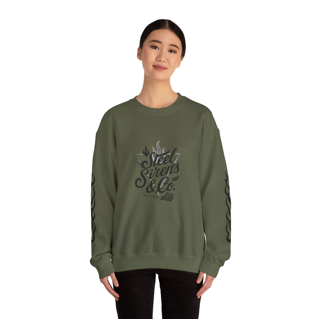 Crewneck Sweatshirt — "Steel Sirens & Co." Built to Rise Graphic