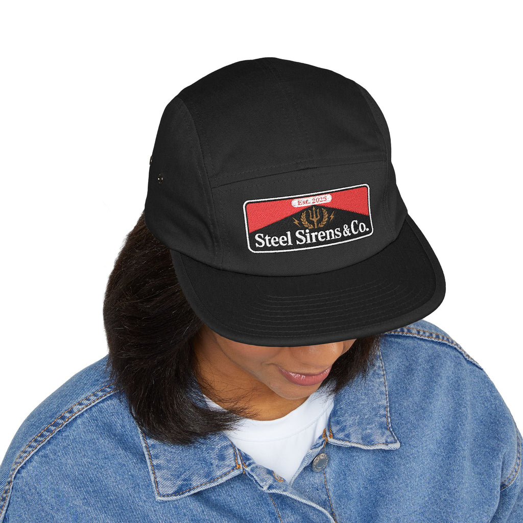 Steel Sirens & Co. Embroidered 5-Panel Cap — Khaki Vintage Patch Hat