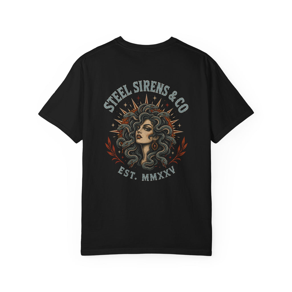 Steel Sirens & Co. Graphic T-Shirt — Medusa-Inspired Retro Logo Tee