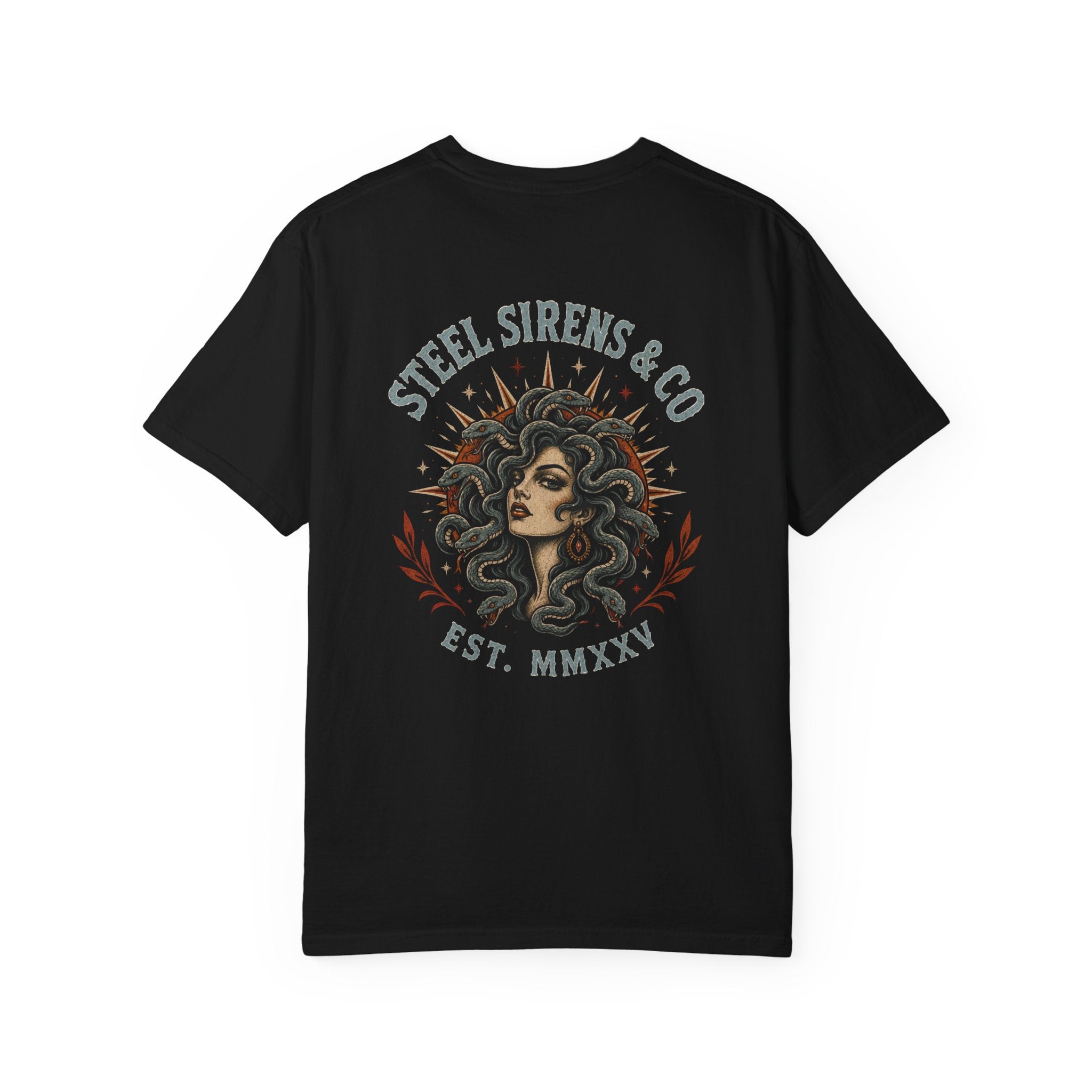 Steel Sirens & Co. Graphic T-Shirt — Medusa-Inspired Retro Logo Tee