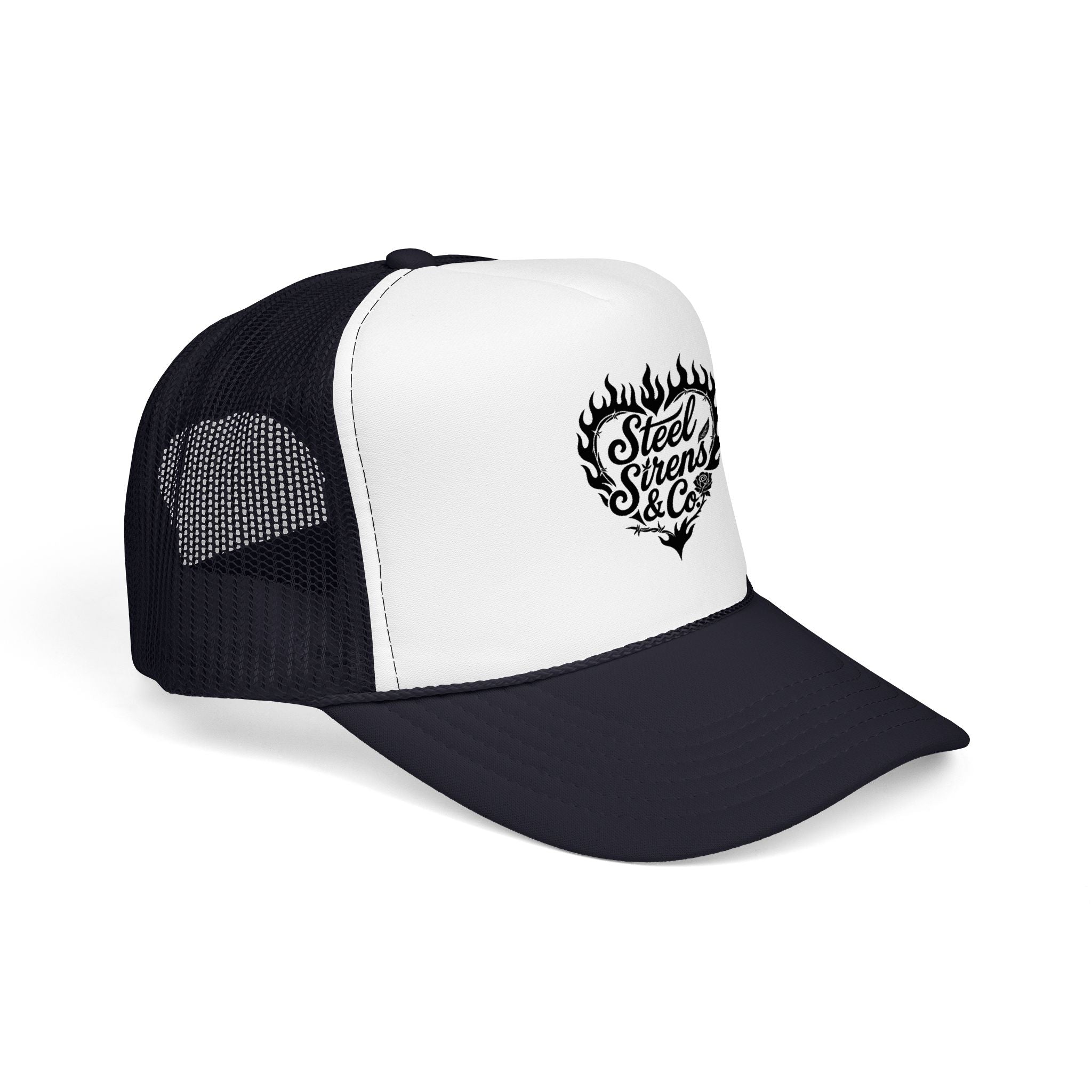 Flaming Heart Trucker Hat — "Steel Sirens & Co" Retro Logo Foam Cap