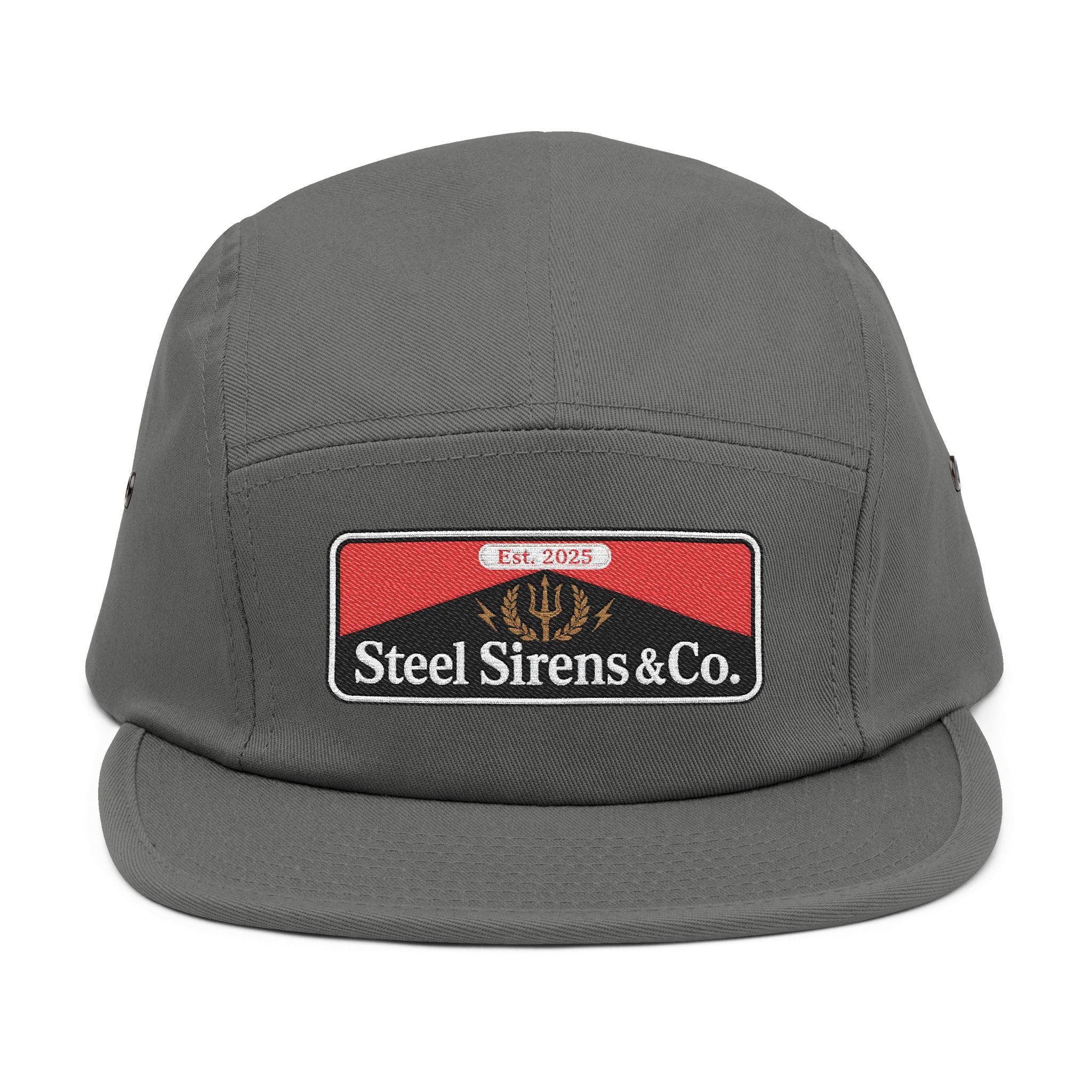 Steel Sirens & Co. Embroidered 5-Panel Cap — Khaki Vintage Patch Hat