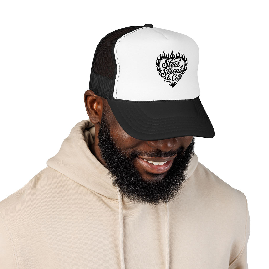 Flaming Heart Trucker Hat — "Steel Sirens & Co" Retro Logo Foam Cap