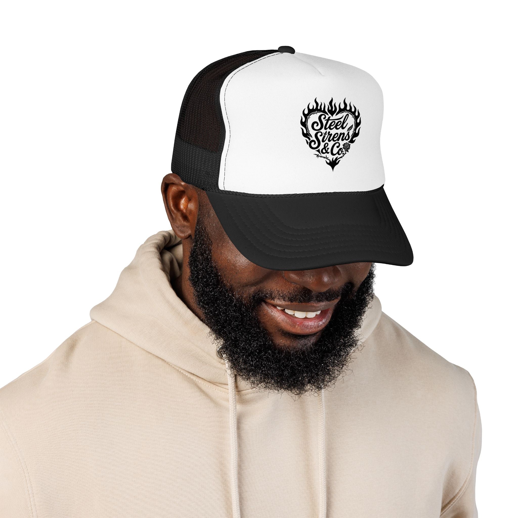 Flaming Heart Trucker Hat — "Steel Sirens & Co" Retro Logo Foam Cap