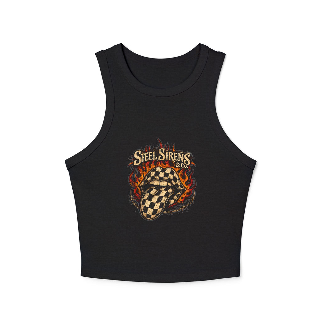 Women's Racer Tank Top — 'Steel Sirens' Flaming Checkered Heart Graphic