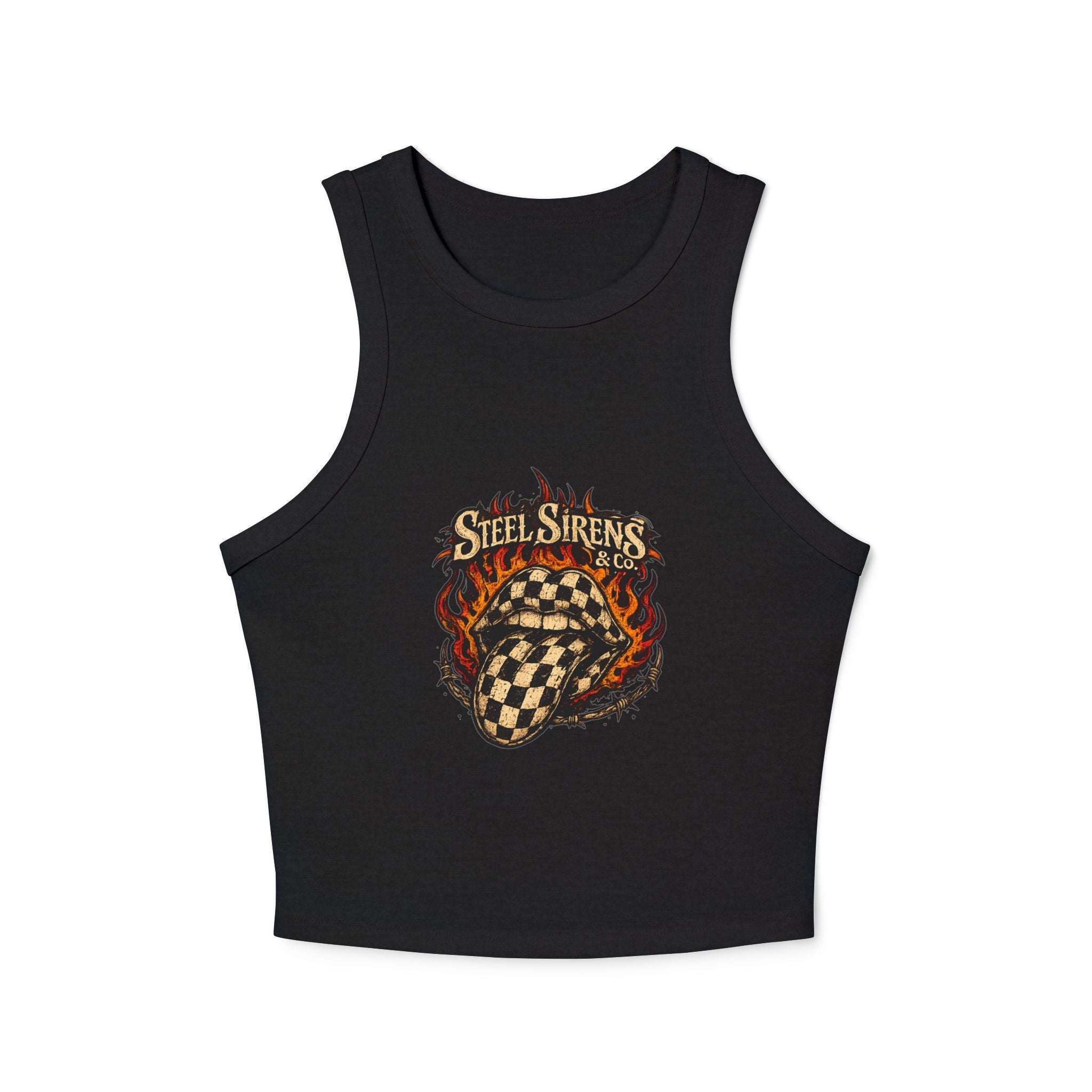 Women's Racer Tank Top — 'Steel Sirens' Flaming Checkered Heart Graphic