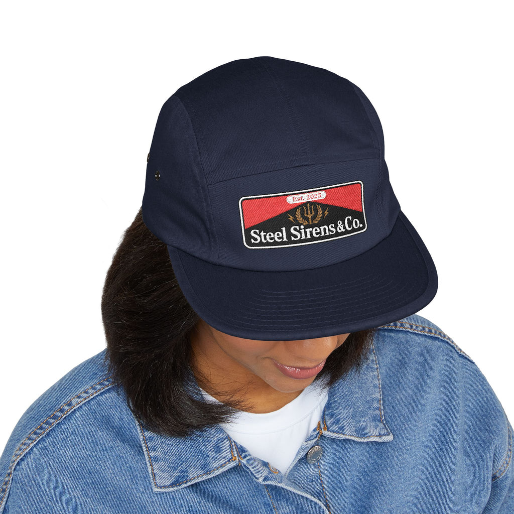 Steel Sirens & Co. Embroidered 5-Panel Cap — Khaki Vintage Patch Hat