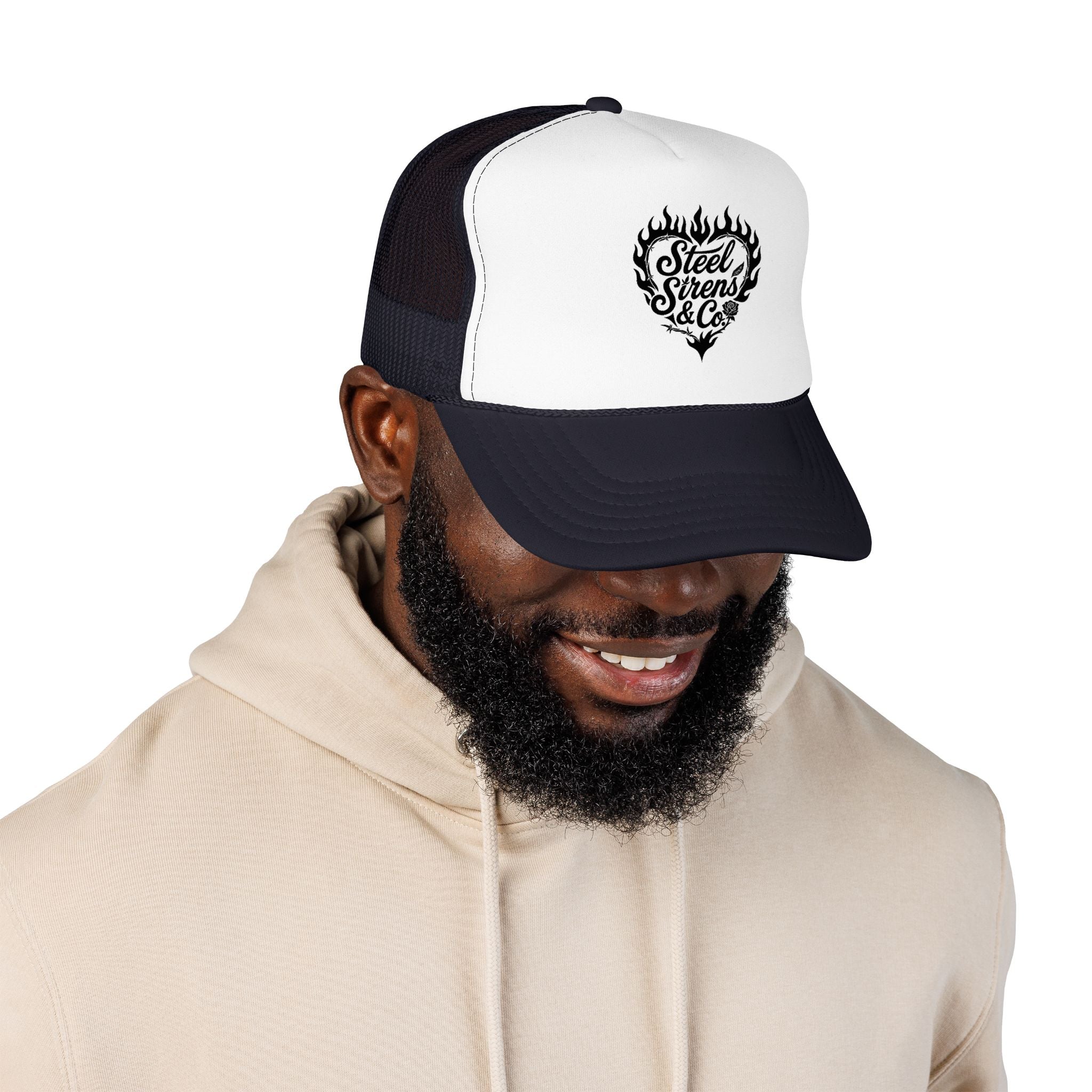 Flaming Heart Trucker Hat — "Steel Sirens & Co" Retro Logo Foam Cap