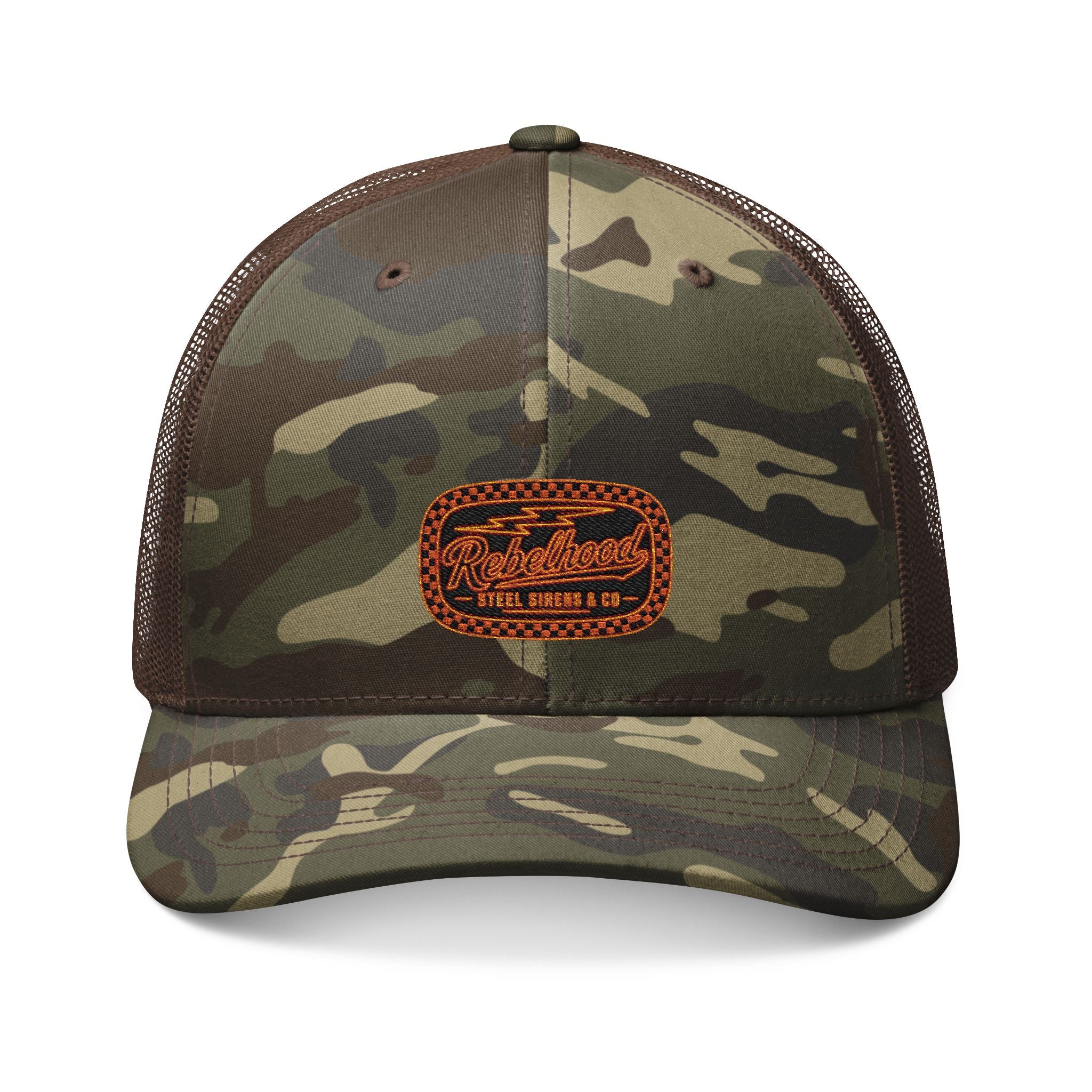 Camo Trucker Hat — Embroidered Rustic Patch Cap