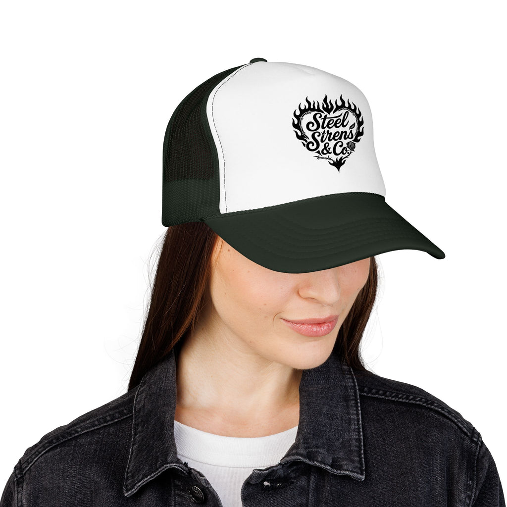Flaming Heart Trucker Hat — "Steel Sirens & Co" Retro Logo Foam Cap