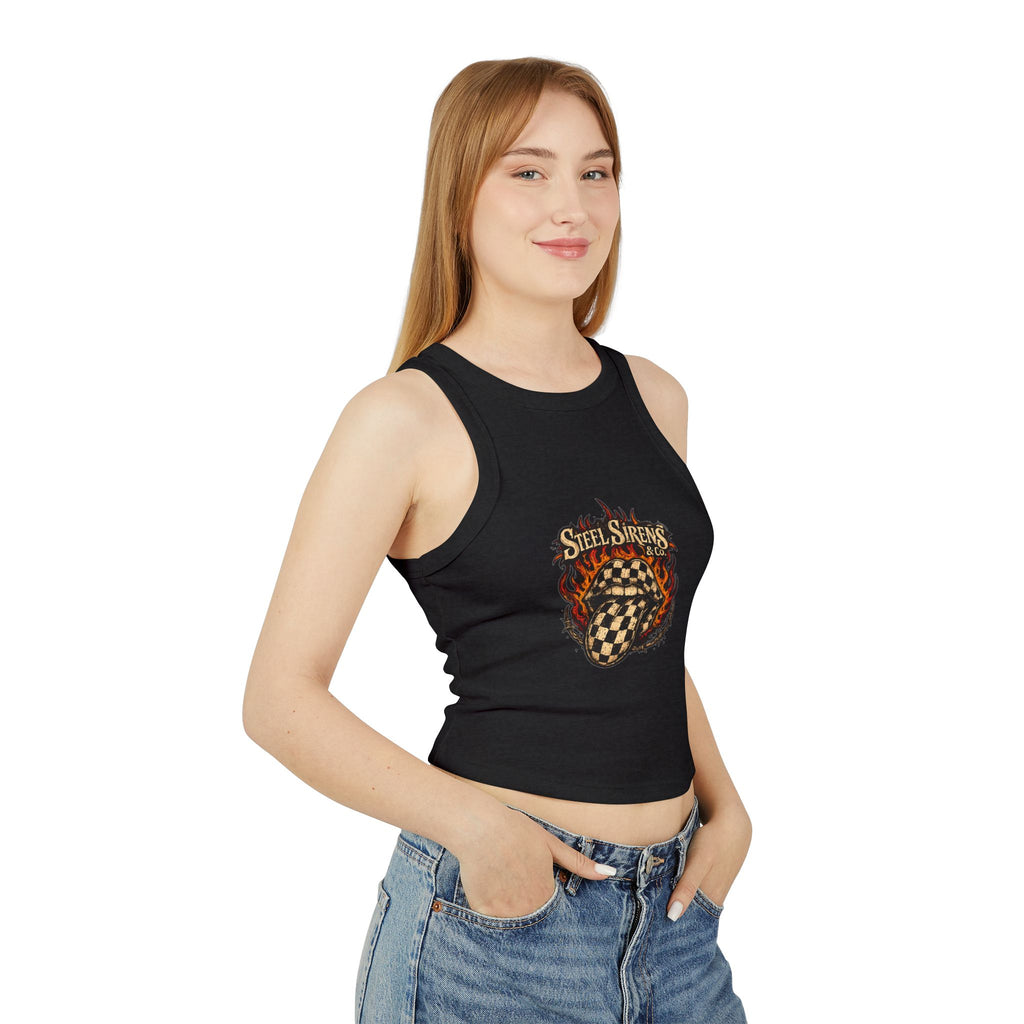 Women's Racer Tank Top — 'Steel Sirens' Flaming Checkered Heart Graphic