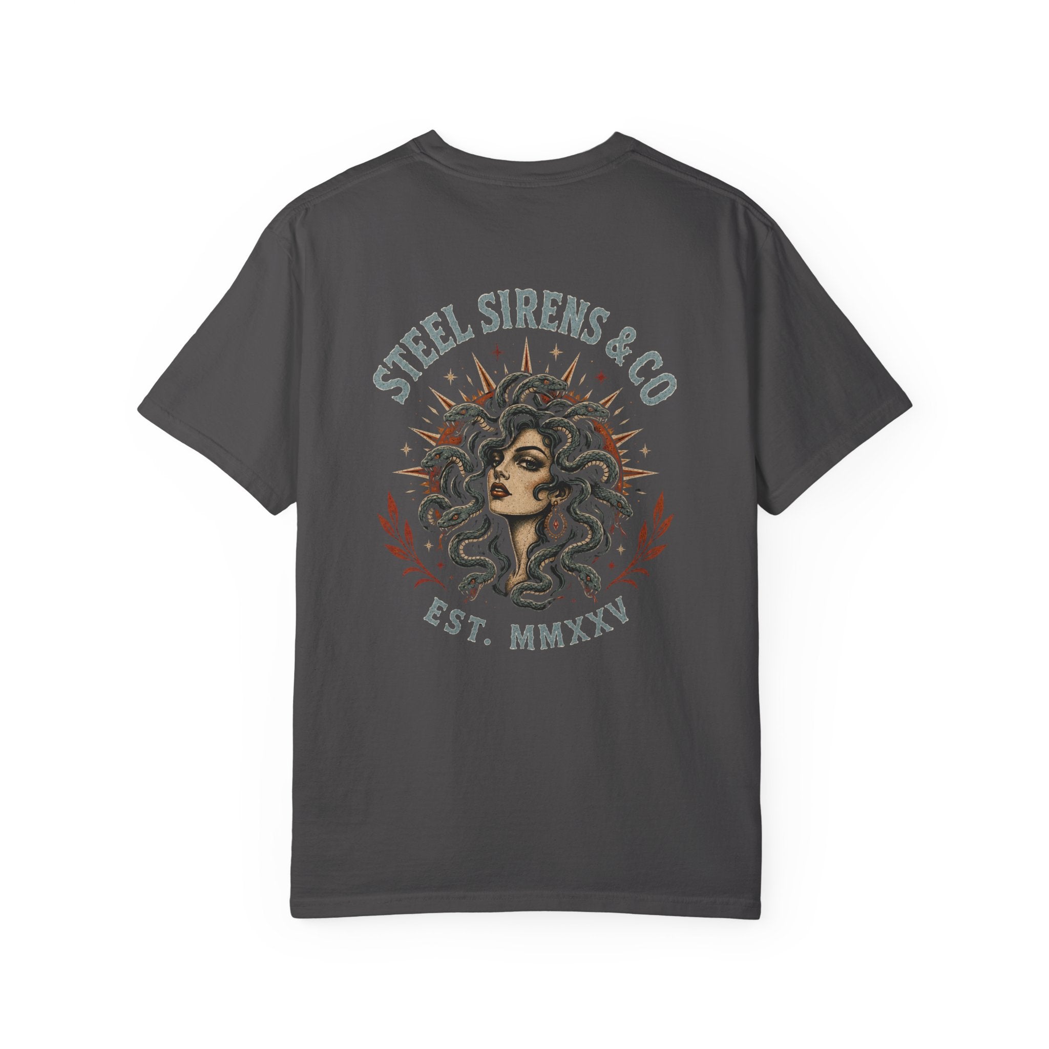 Steel Sirens & Co. Graphic T-Shirt — Medusa-Inspired Retro Logo Tee