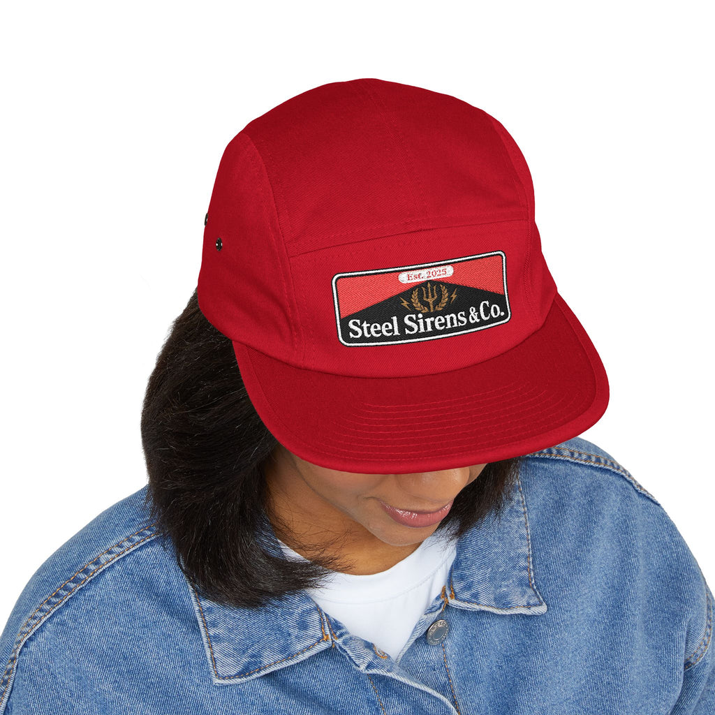 Steel Sirens & Co. Embroidered 5-Panel Cap — Khaki Vintage Patch Hat