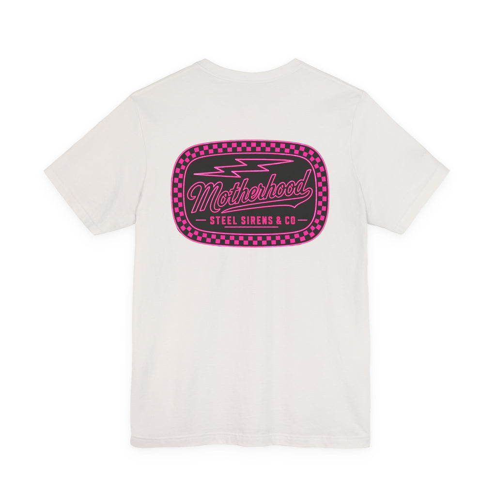 Motherhood Graphic Tee — 'Motherhood' Pink Checkerboard Logo T‑Shirt