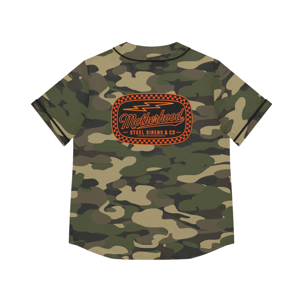 Camo Women's Baseball Jersey — 'Motherhood' Retro Patch Baseball Tee