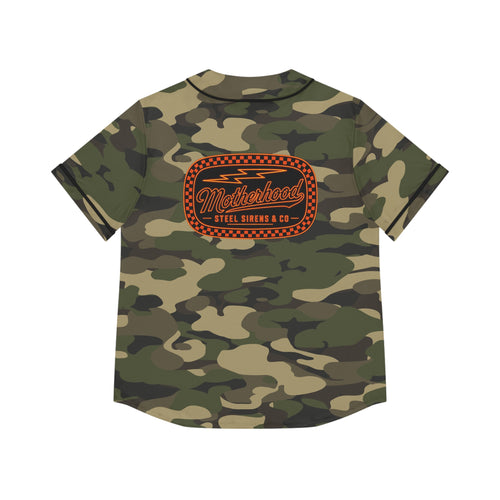 Camo Women's Baseball Jersey — 'Motherhood' Retro Patch Baseball Tee