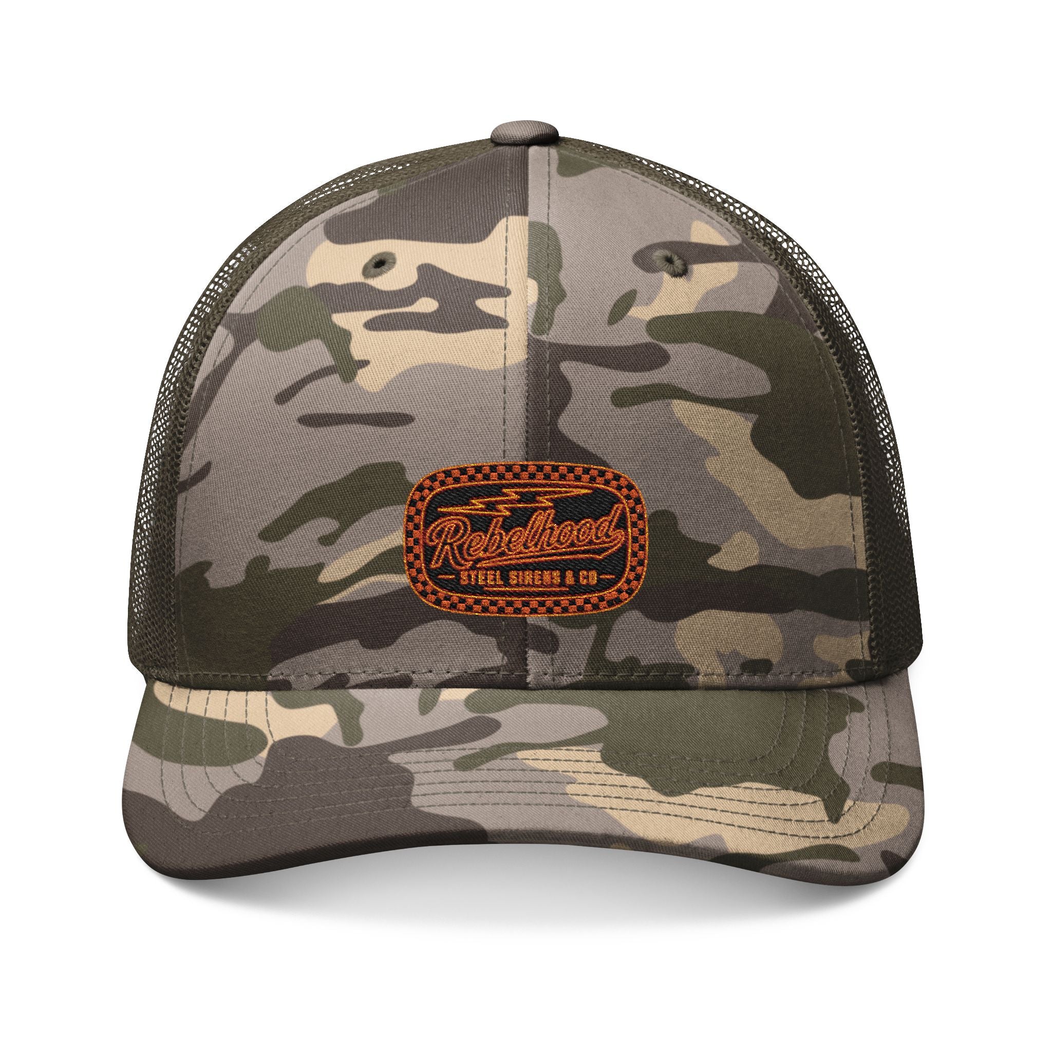 Camo Trucker Hat — Embroidered Rustic Patch Cap