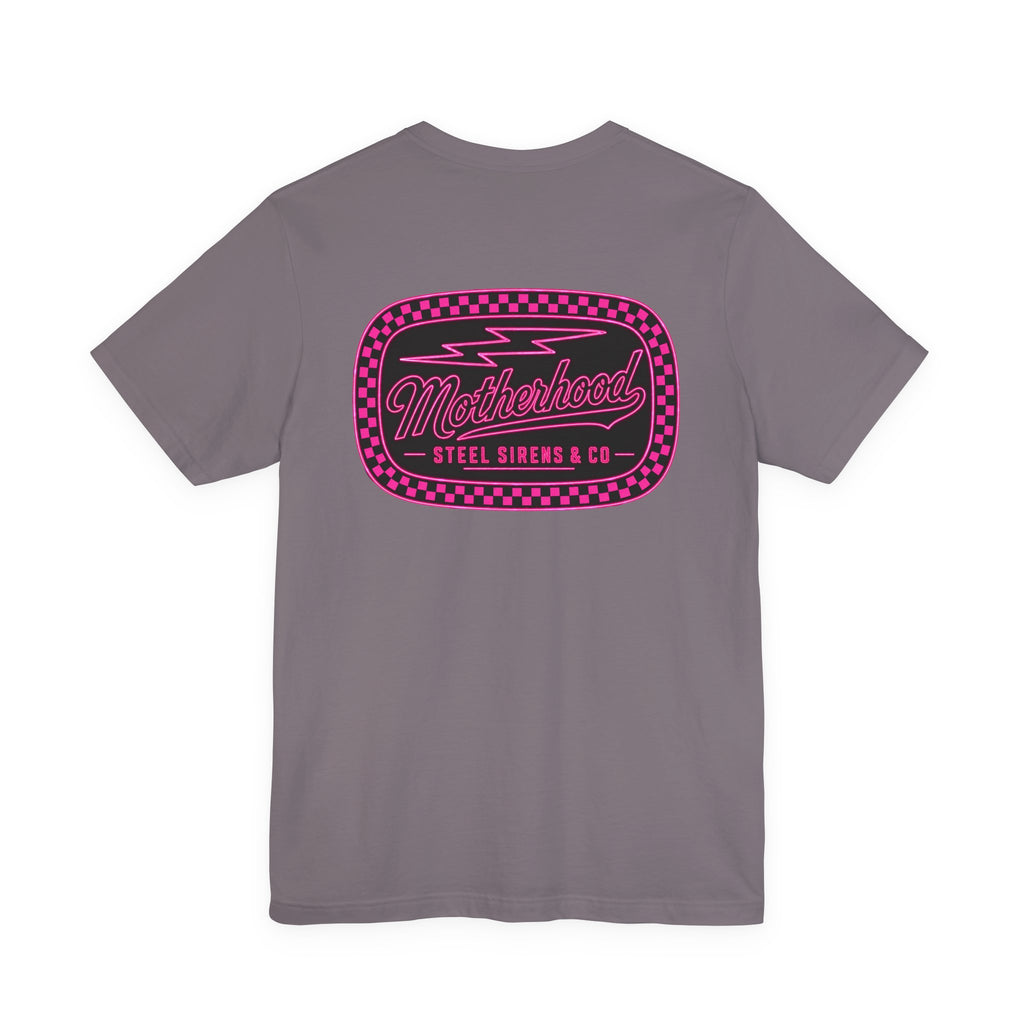 Motherhood Graphic Tee — 'Motherhood' Pink Checkerboard Logo T‑Shirt