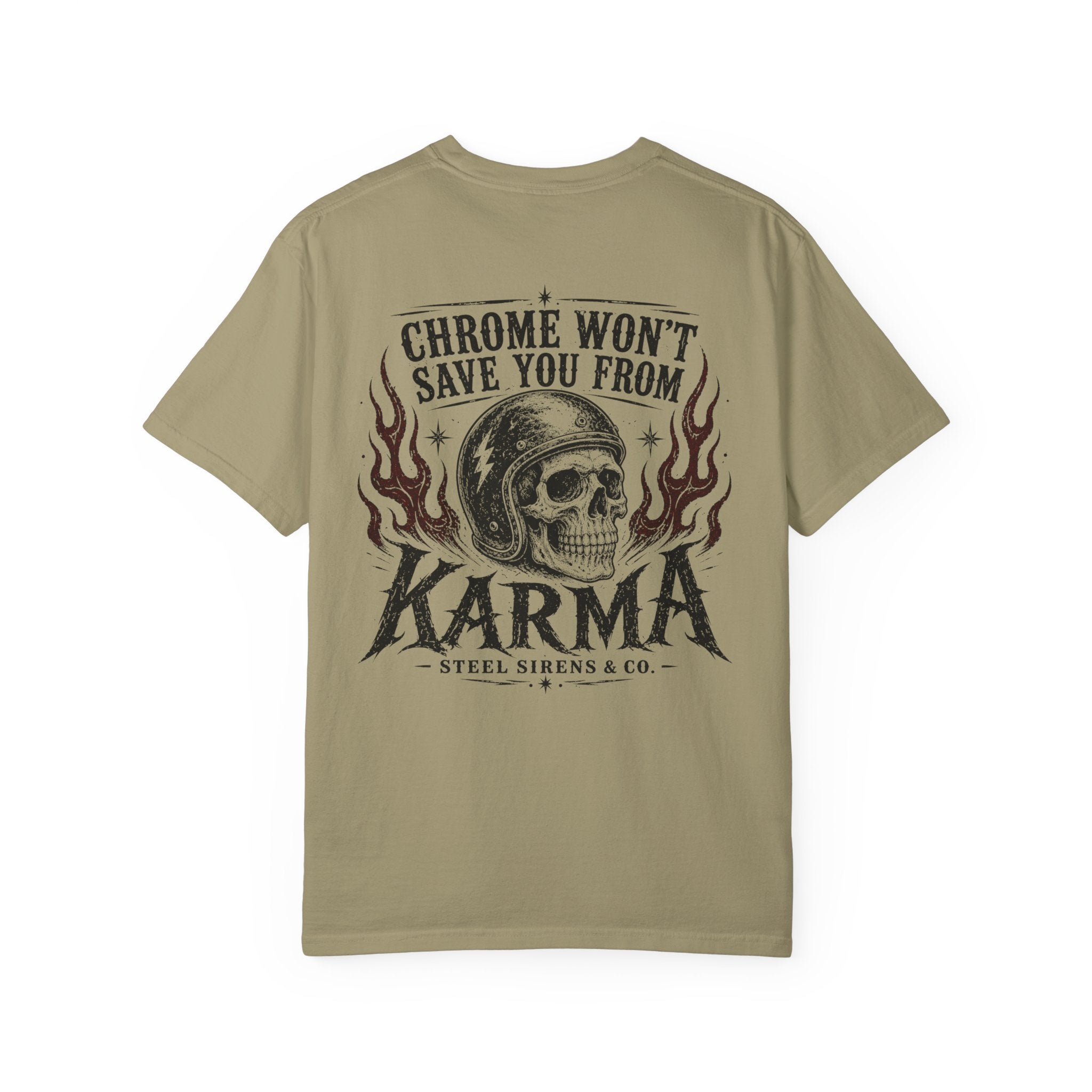 Karma Skull T-Shirt — "Chrome Won’t Save You From Karma" Moto Graphic Tee