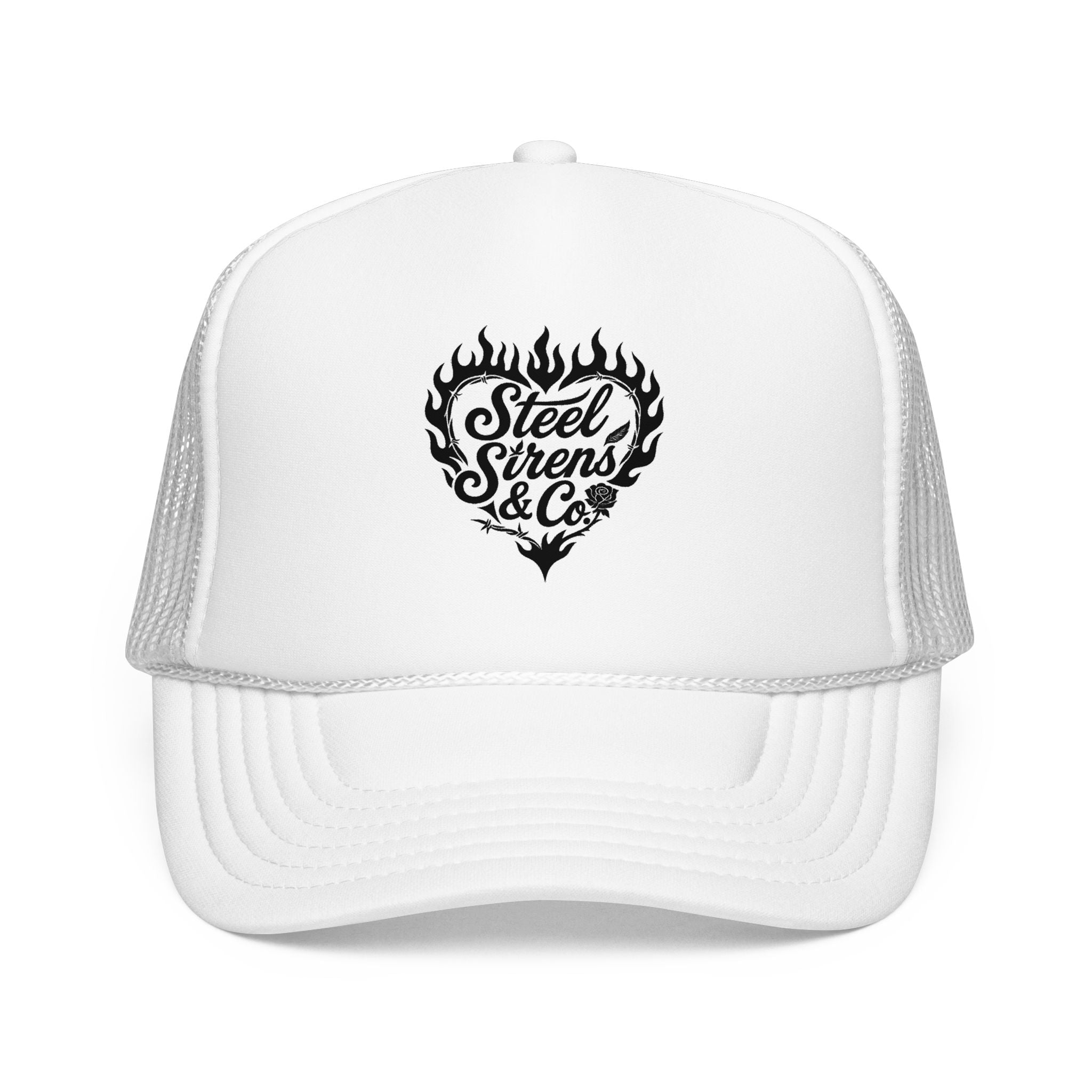 Flaming Heart Trucker Hat — "Steel Sirens & Co" Retro Logo Foam Cap