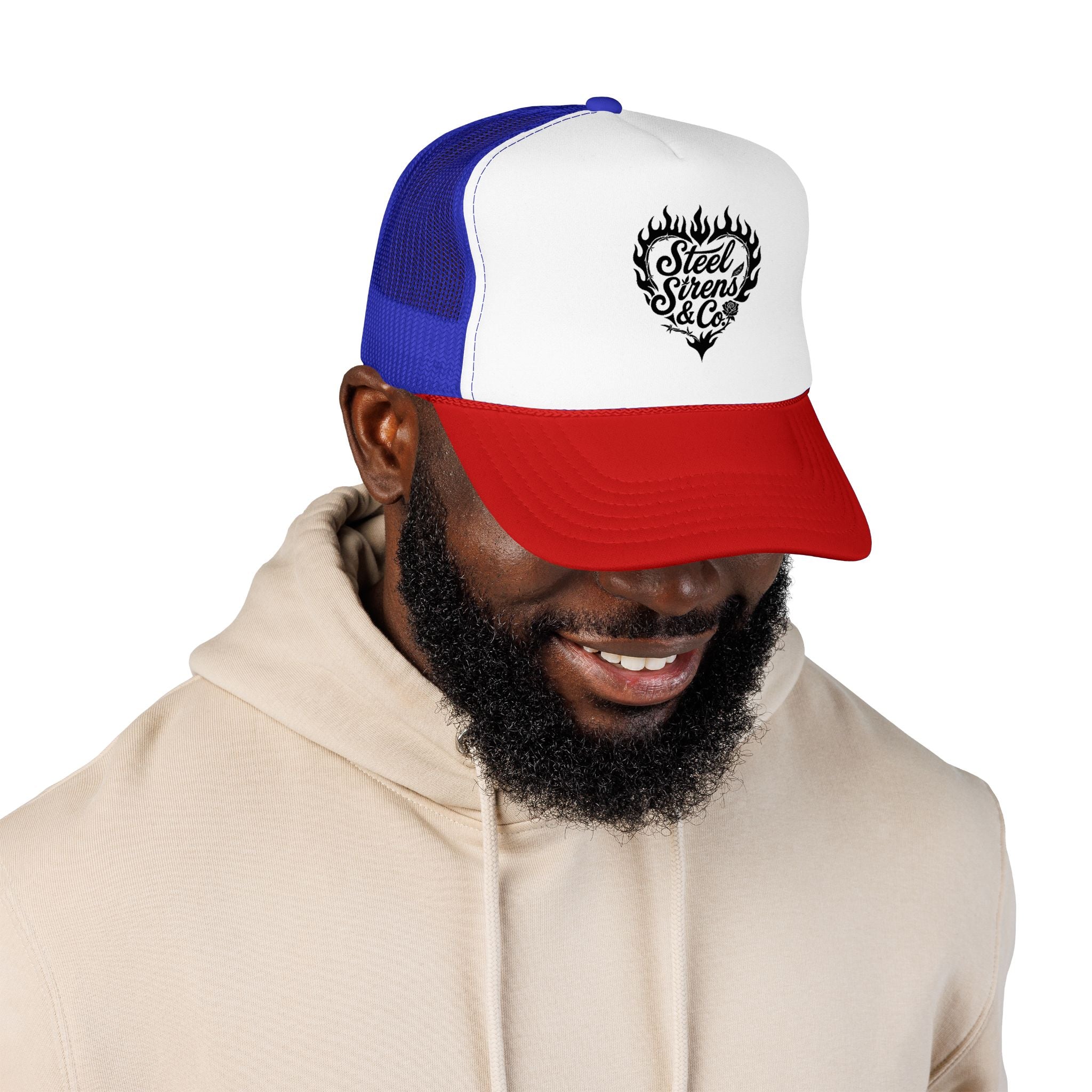 Flaming Heart Trucker Hat — "Steel Sirens & Co" Retro Logo Foam Cap