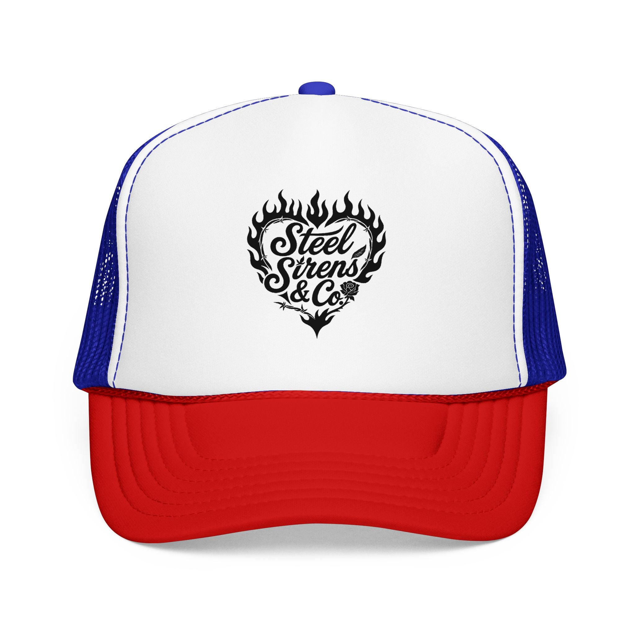 Flaming Heart Trucker Hat — "Steel Sirens & Co" Retro Logo Foam Cap
