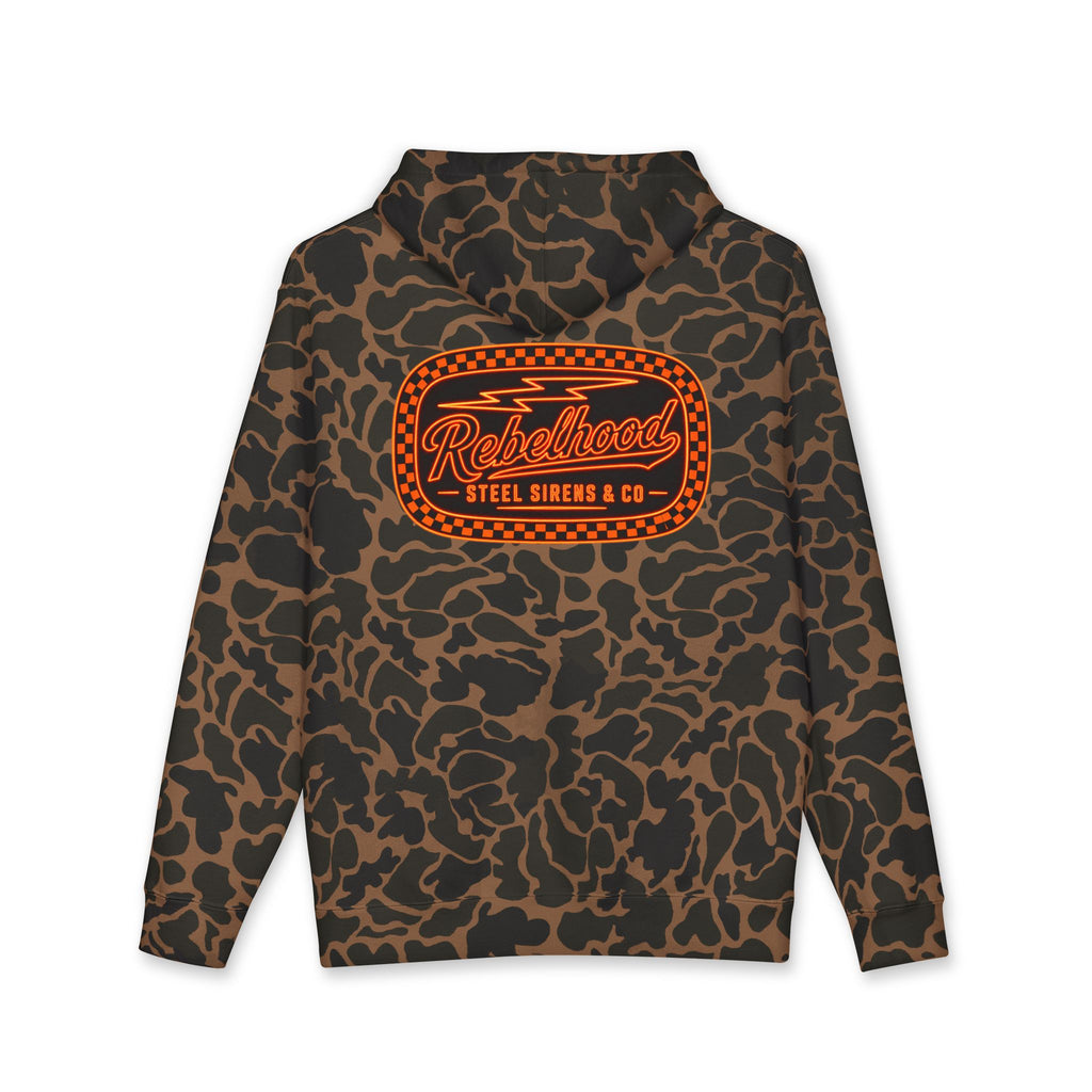 Rebelhood Checker Patch Hoodie — Vintage Orange Logo Pullover