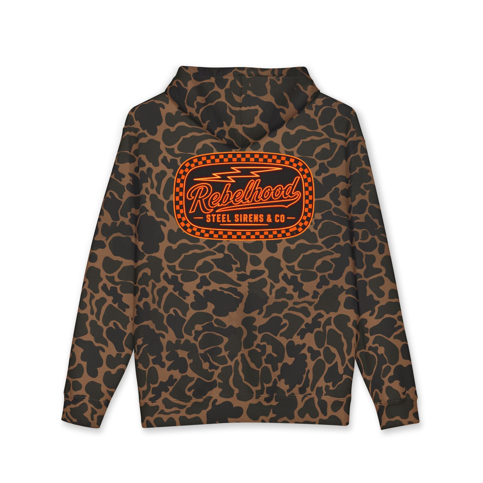 Rebelhood Checker Patch Hoodie — Vintage Orange Logo Pullover