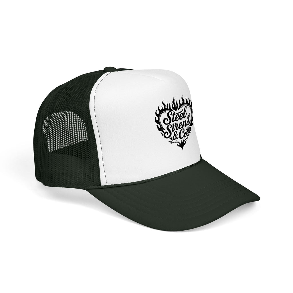 Flaming Heart Trucker Hat — "Steel Sirens & Co" Retro Logo Foam Cap