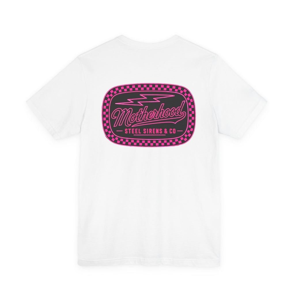 Motherhood Graphic Tee — 'Motherhood' Pink Checkerboard Logo T‑Shirt