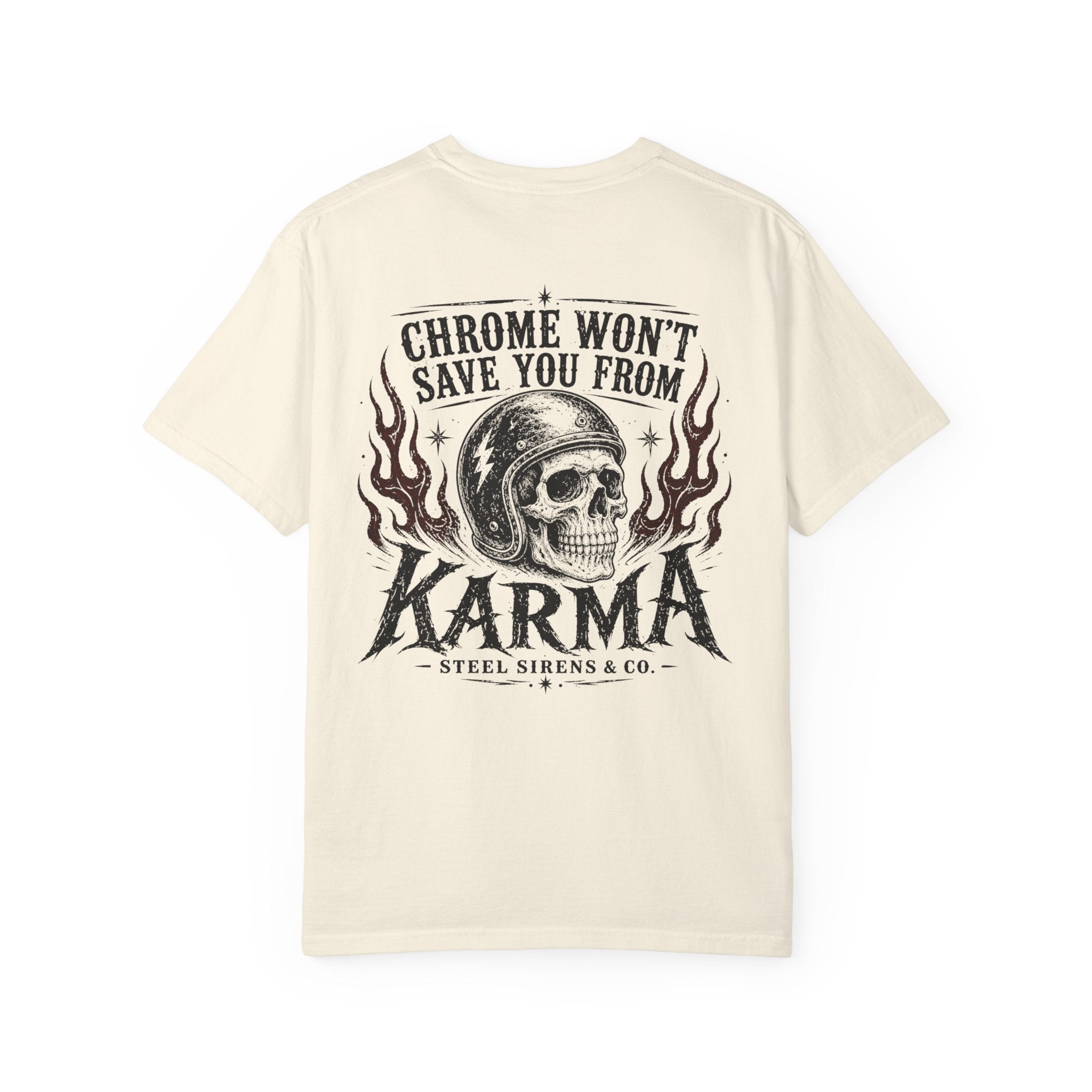 Karma Skull T-Shirt — "Chrome Won’t Save You From Karma" Moto Graphic Tee