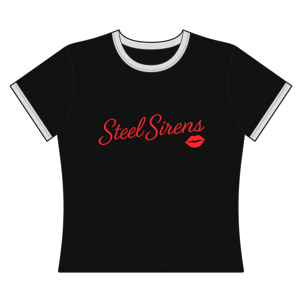 Steel Sirens Women's Ringer Tee — Retro Red Script & Lip Gauge Graphic