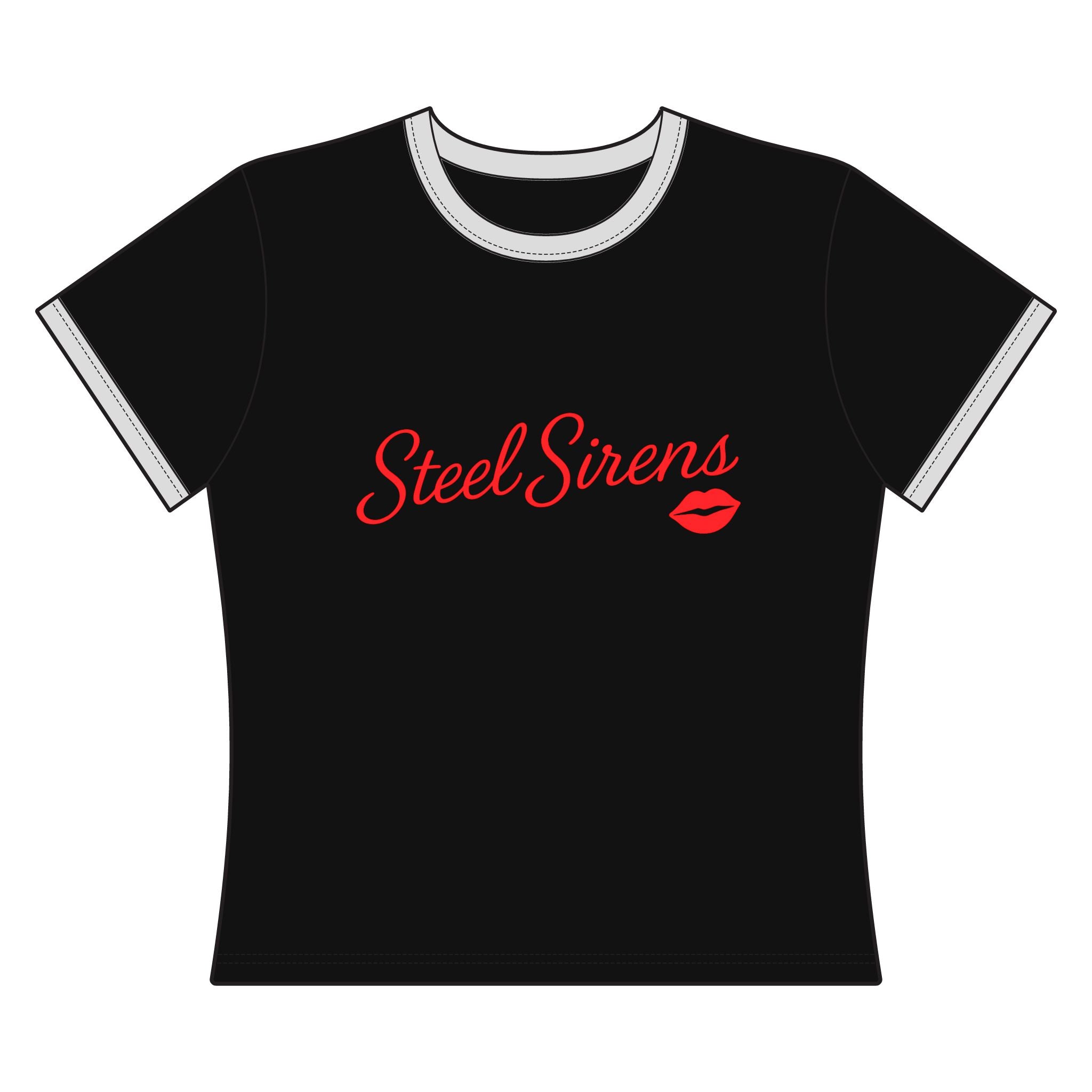 Steel Sirens Women's Ringer Tee — Retro Red Script & Lip Gauge Graphic