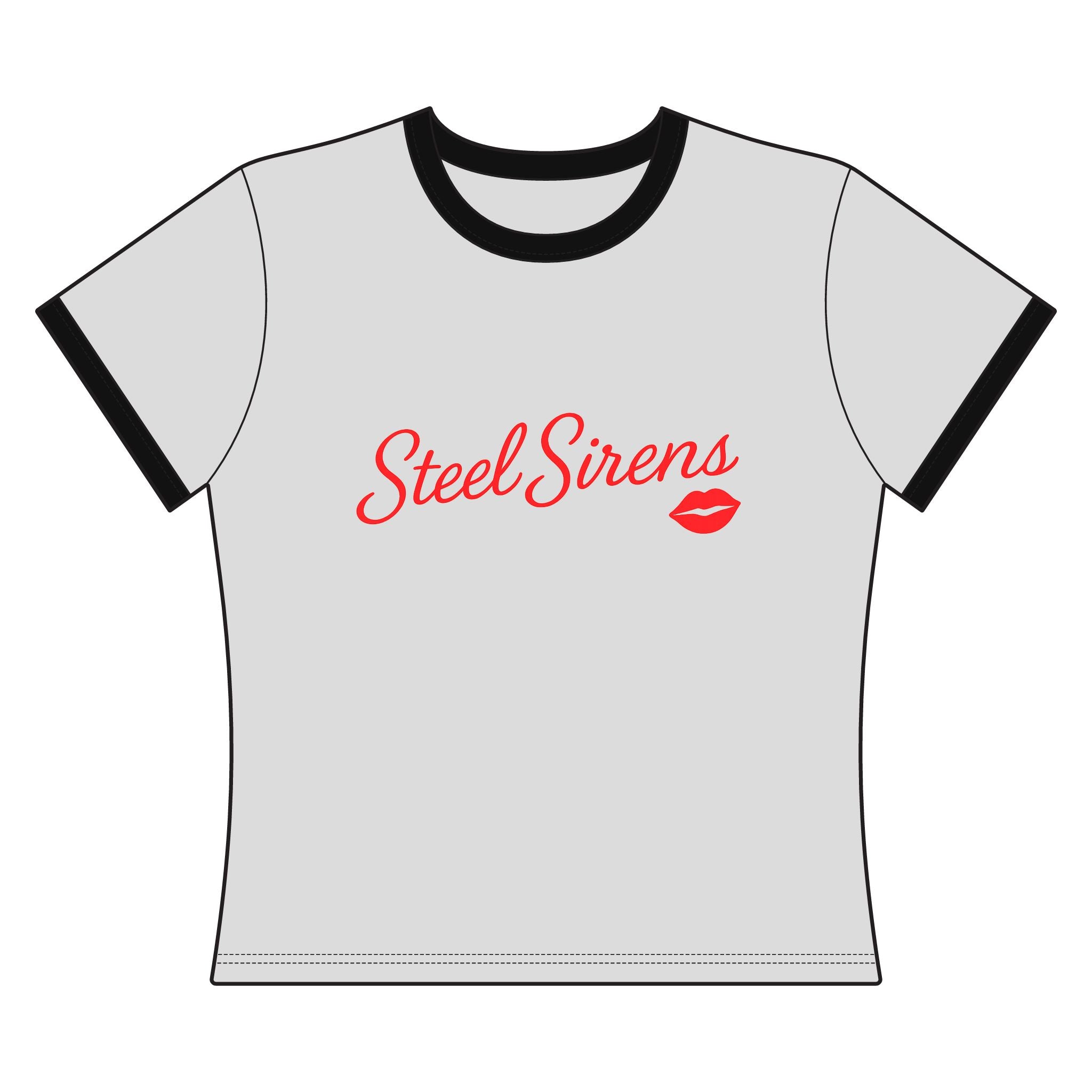 Steel Sirens Women's Ringer Tee — Retro Red Script & Lip Gauge Graphic