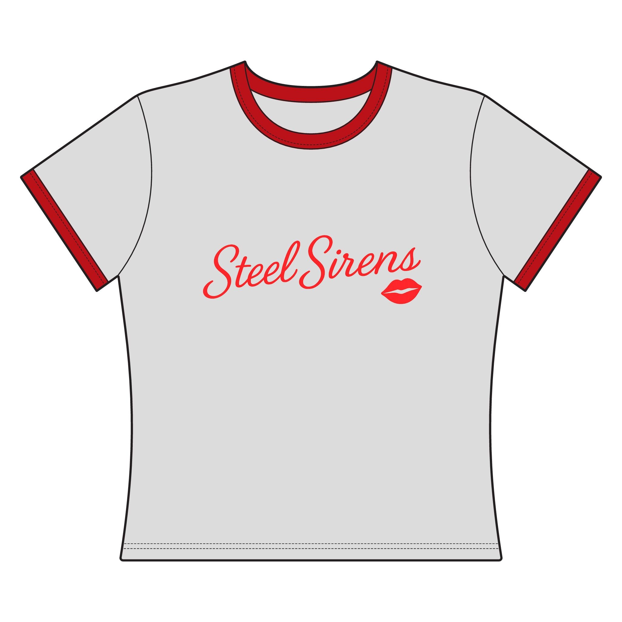 Steel Sirens Women's Ringer Tee — Retro Red Script & Lip Gauge Graphic