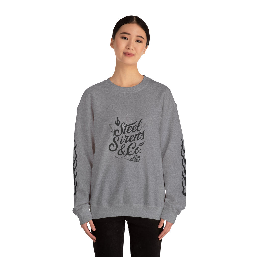 Crewneck Sweatshirt — "Steel Sirens & Co." Built to Rise Graphic