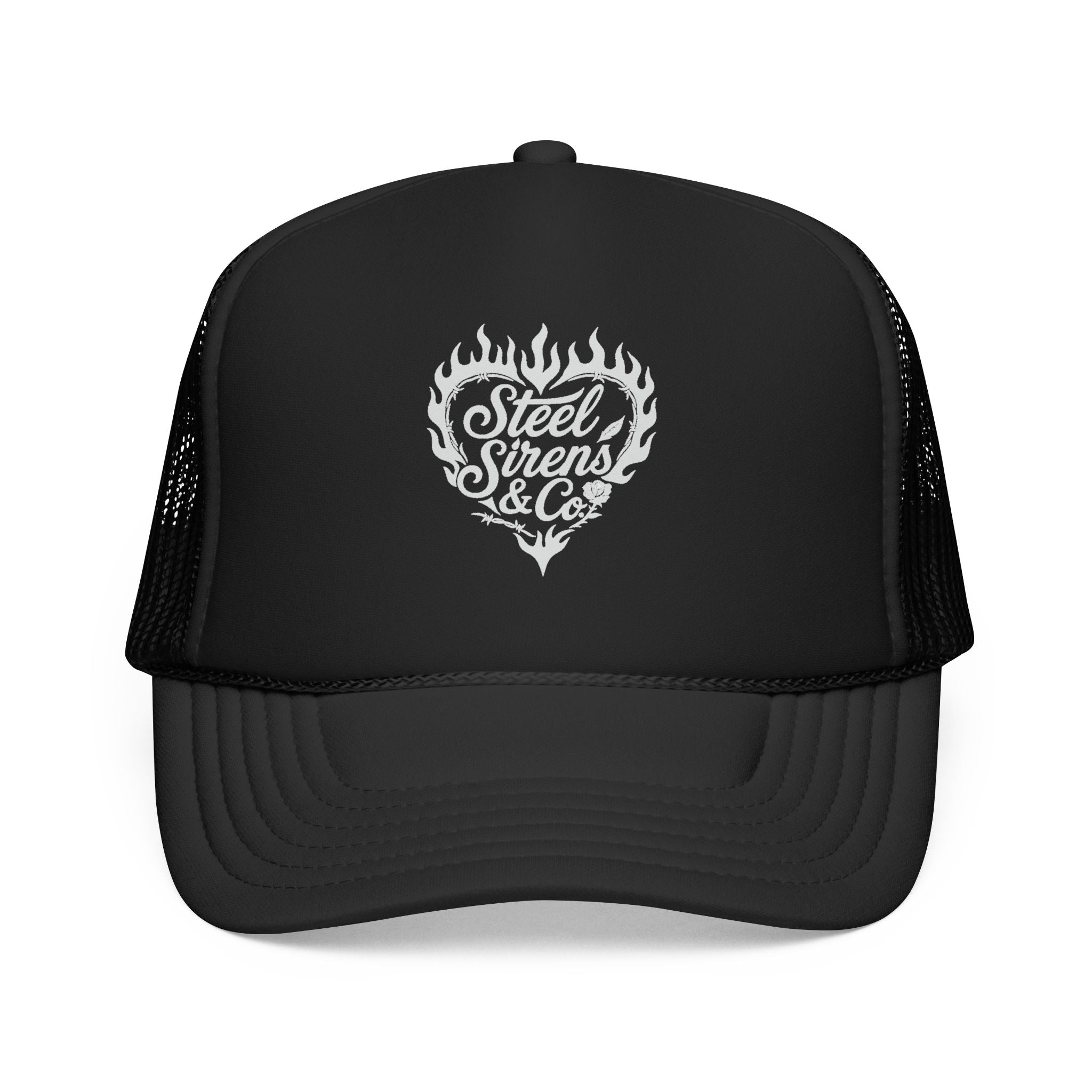 Flaming Heart Trucker Hat — "Steel Sirens & Co" Retro Logo Foam Cap
