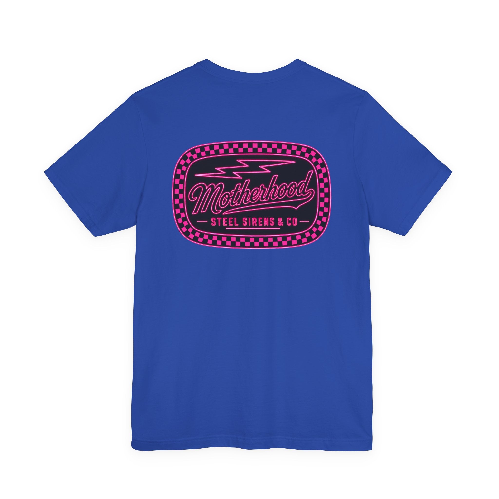 Motherhood Graphic Tee — 'Motherhood' Pink Checkerboard Logo T‑Shirt