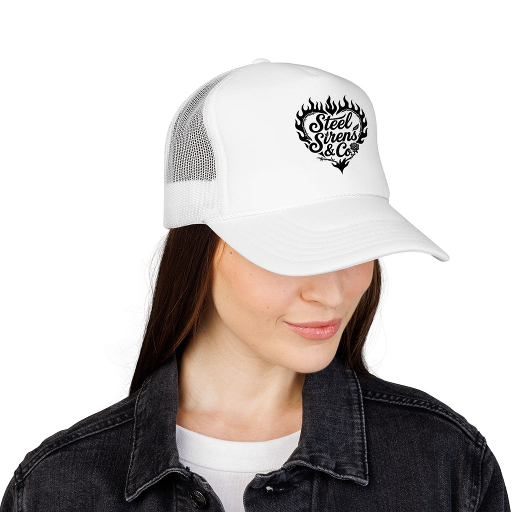 Flaming Heart Trucker Hat — "Steel Sirens & Co" Retro Logo Foam Cap