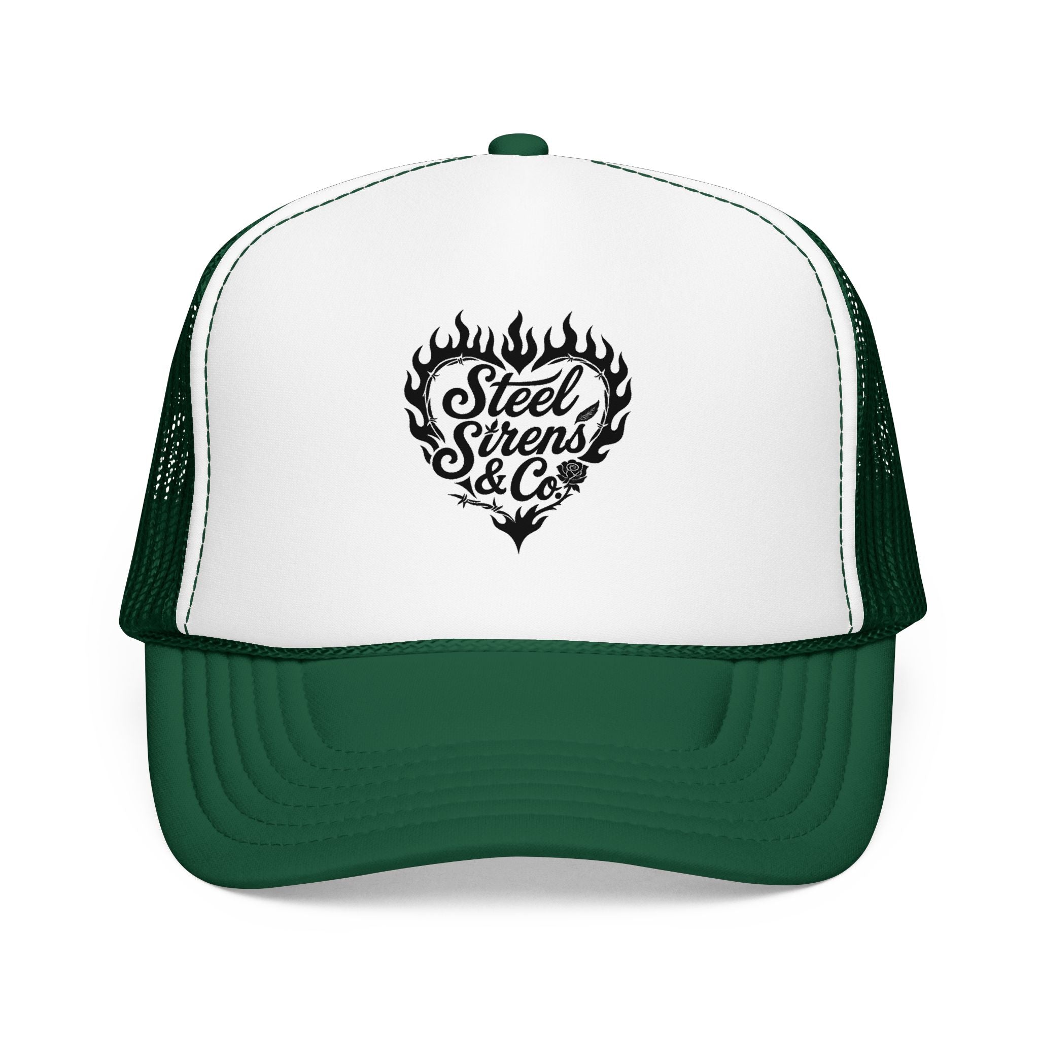 Flaming Heart Trucker Hat — "Steel Sirens & Co" Retro Logo Foam Cap
