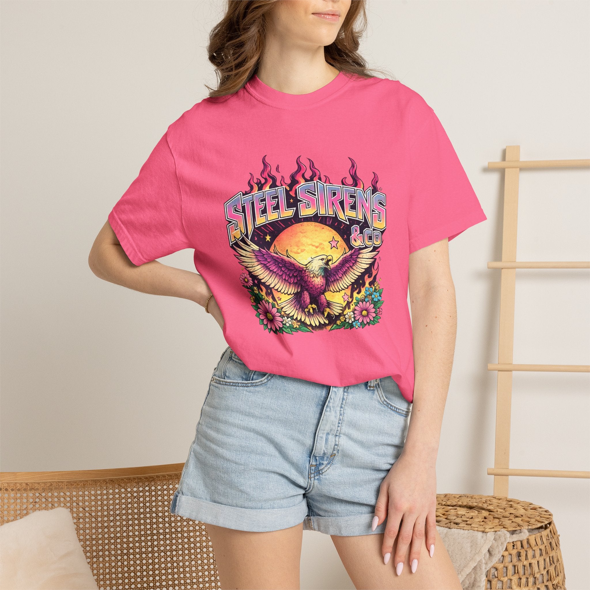 Steel Sirens Graphic T-Shirt — Retro Eagle Sunset Band Tee