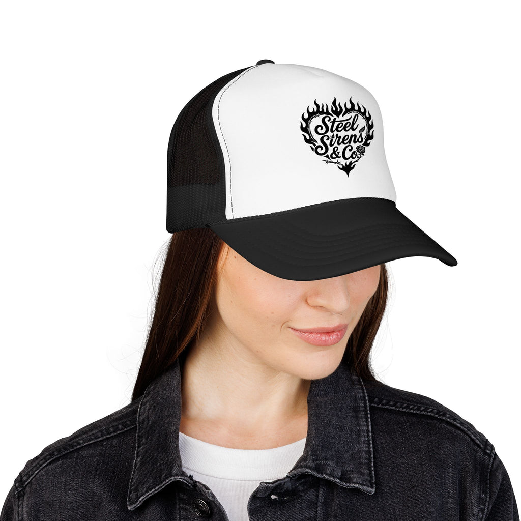 Flaming Heart Trucker Hat — "Steel Sirens & Co" Retro Logo Foam Cap