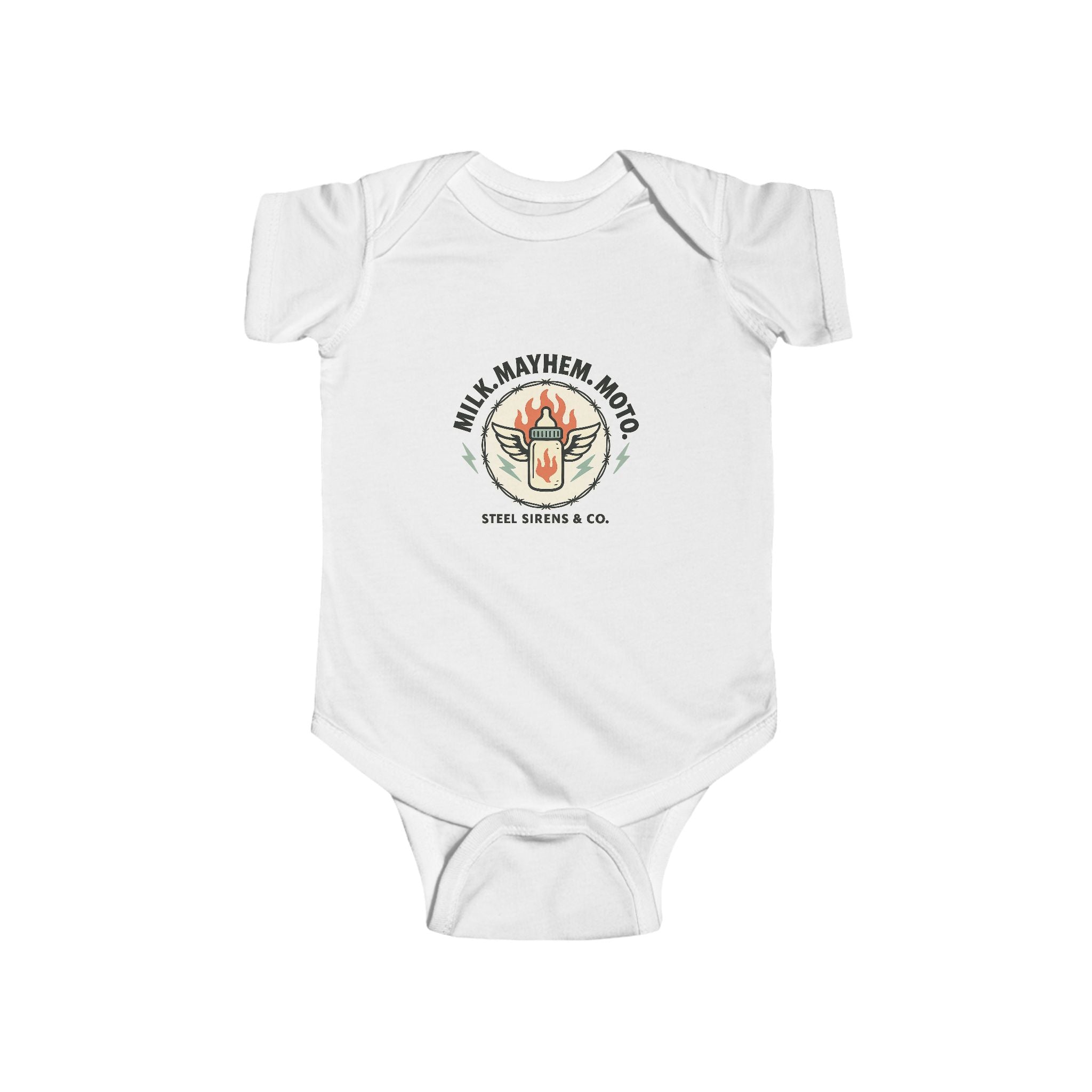 Milk. Mayhem. Moto Onesie
