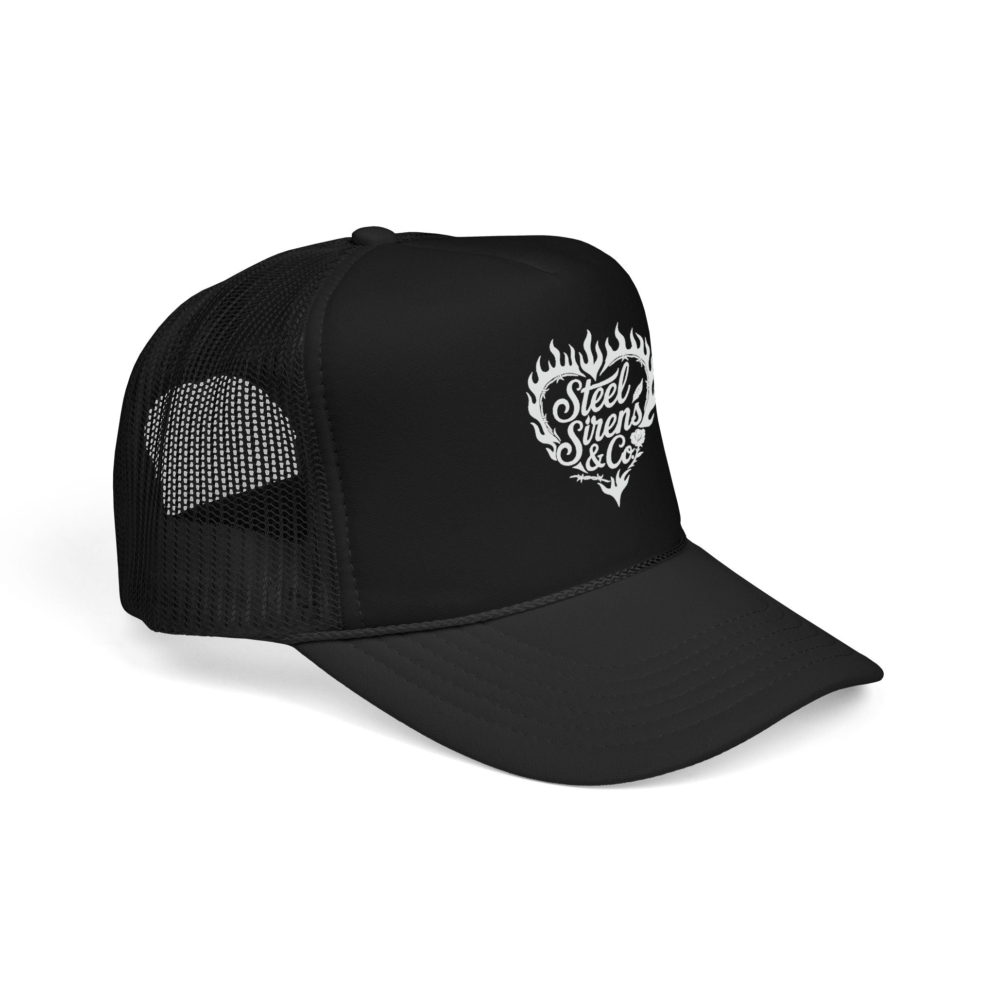 Flaming Heart Trucker Hat — "Steel Sirens & Co" Retro Logo Foam Cap