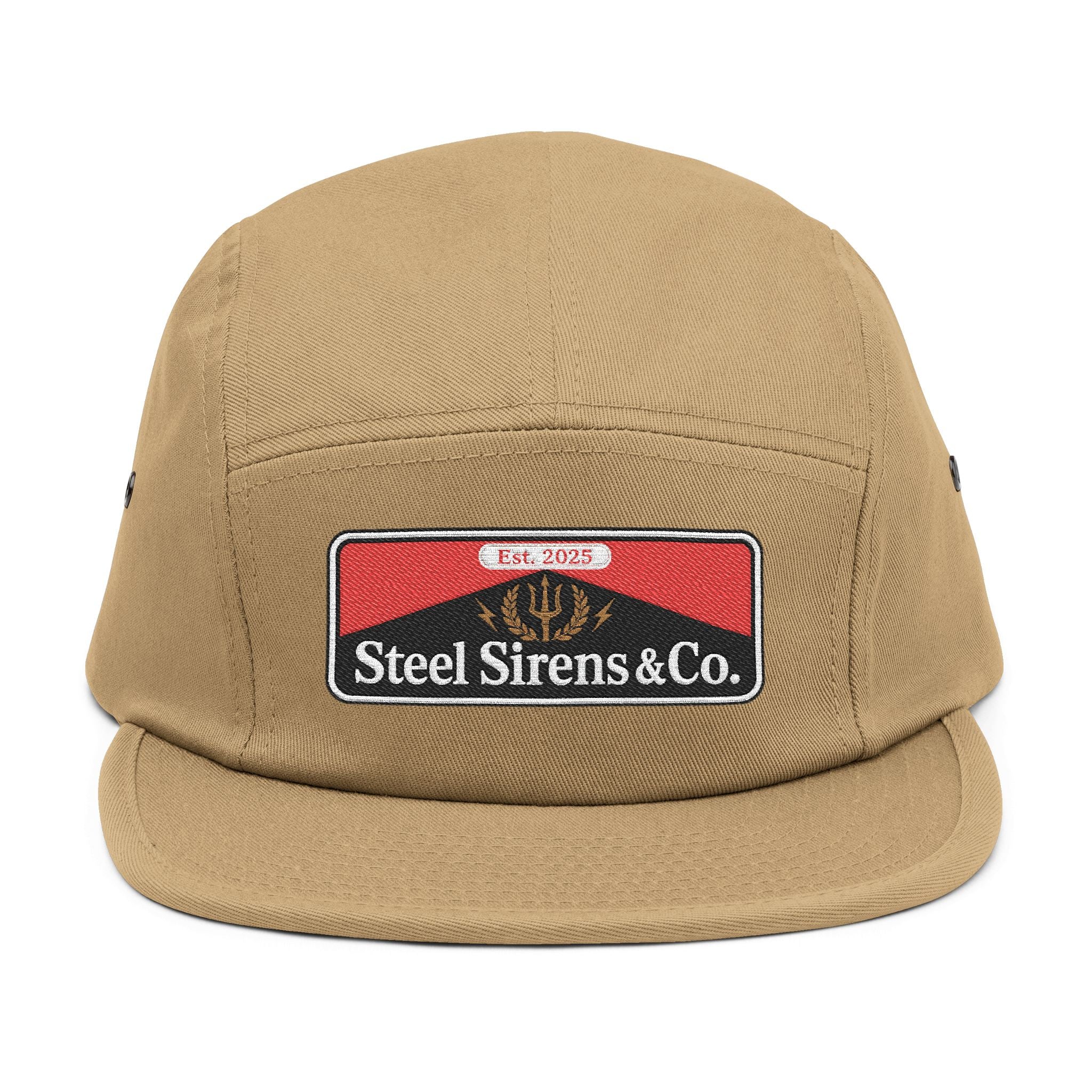 Steel Sirens & Co. Embroidered 5-Panel Cap — Khaki Vintage Patch Hat
