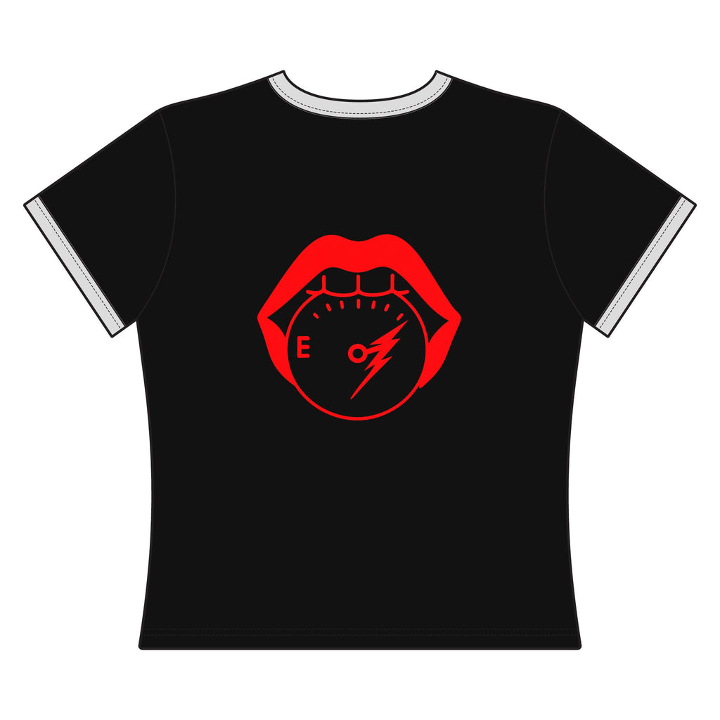Steel Sirens Women's Ringer Tee — Retro Red Script & Lip Gauge Graphic