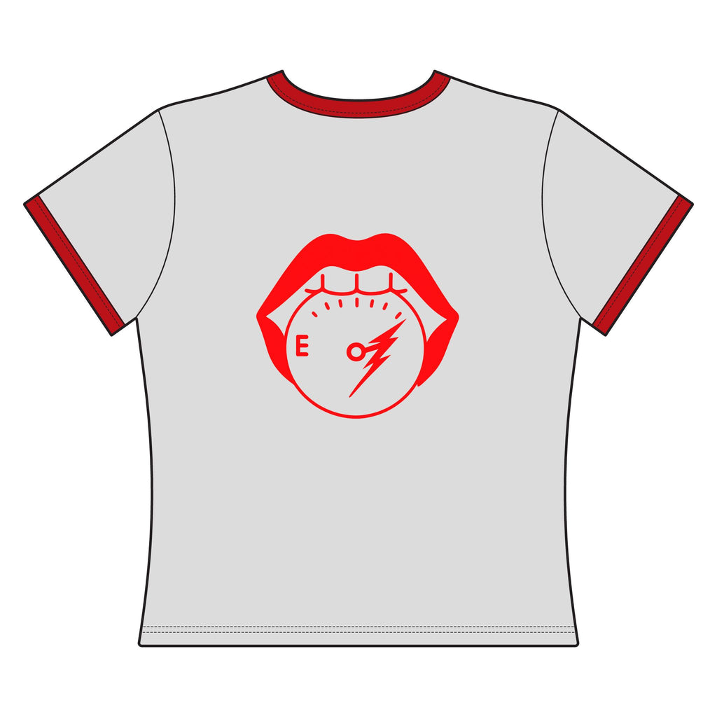 Steel Sirens Women's Ringer Tee — Retro Red Script & Lip Gauge Graphic